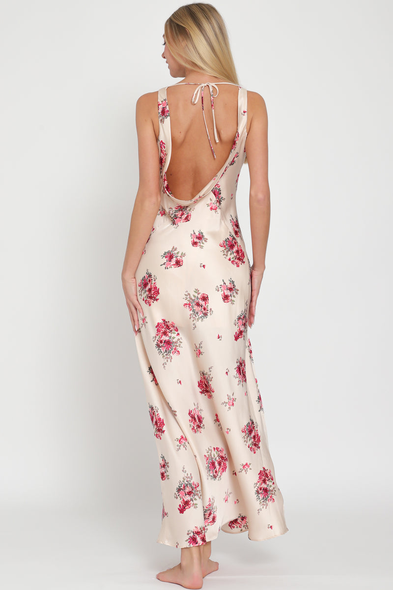 Sand/Red Cowl Neck Floral Maxi Dress