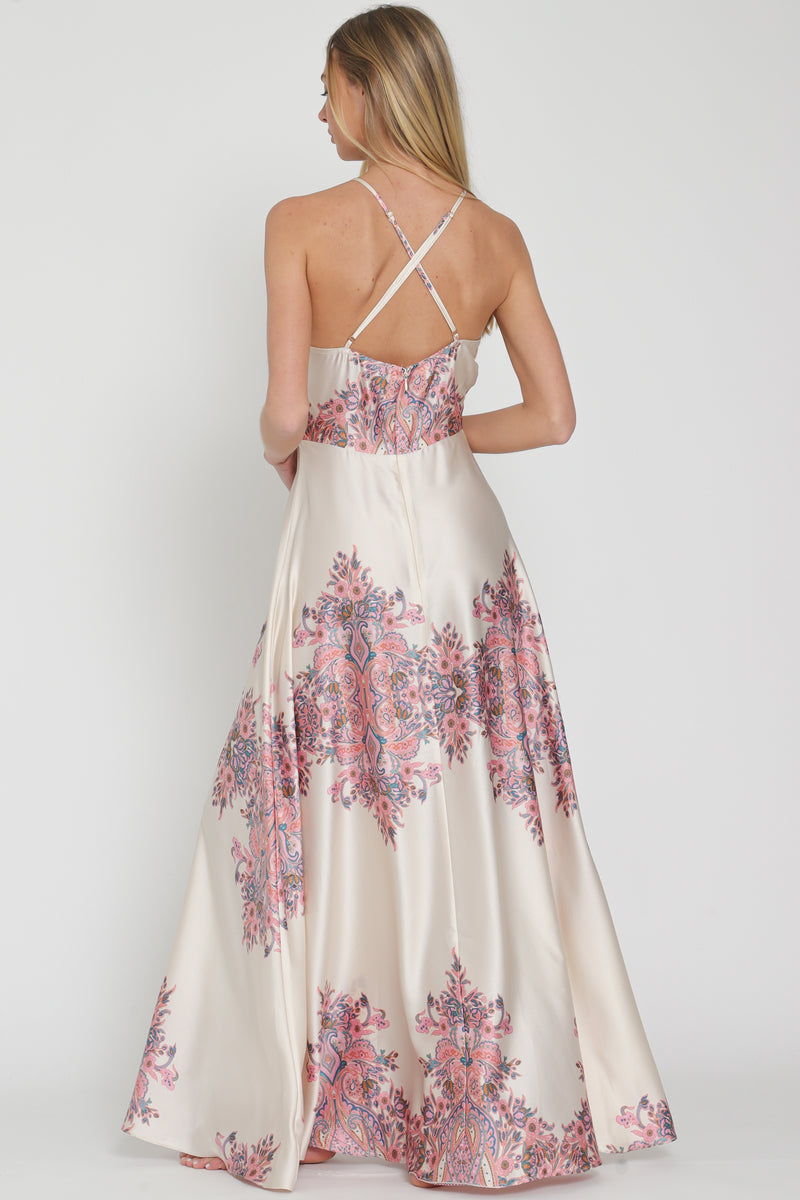 Light Pink and Ivory Halter Strappy Back Maxi Dress