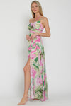 Light Green and Pink Flower Trim Maxi Dress