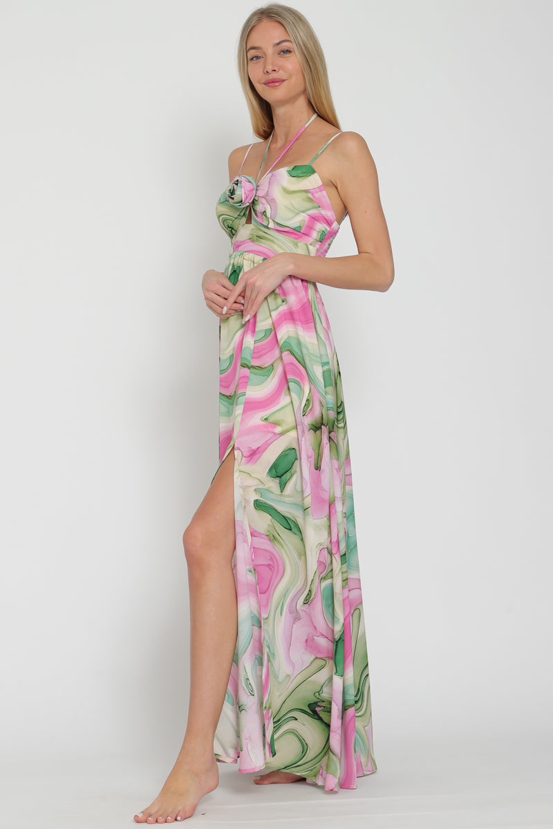 Light Green and Pink Flower Trim Maxi Dress