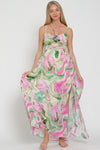 Light Green and Pink Flower Trim Maxi Dress