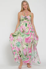 Light Green and Pink Flower Trim Maxi Dress