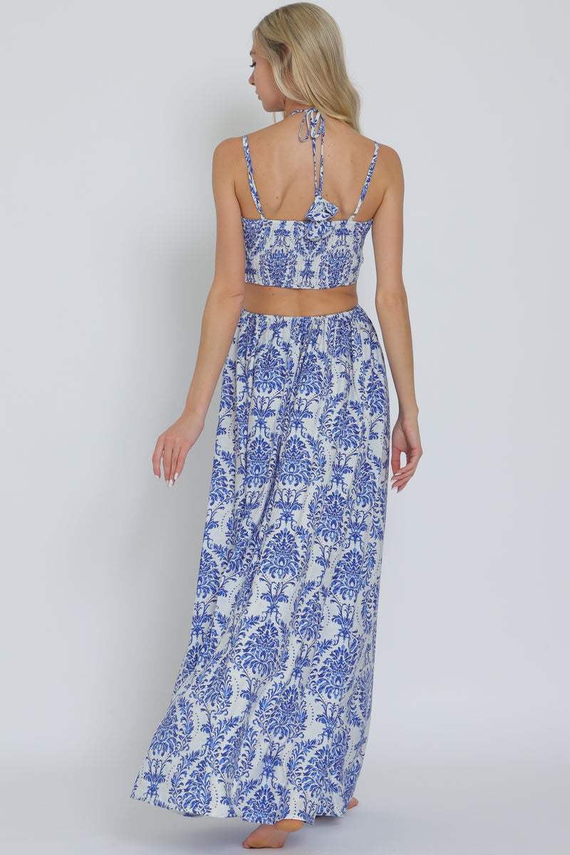 blue and white cut out maxi dress Fashion White Navy Floral Print V-Neck Cut-Out Back Tie-Up Maxi Dress with Middle Slit