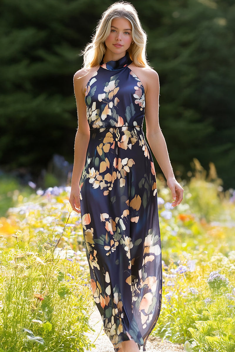 Navy Mock Neck Belted Maxi Dress