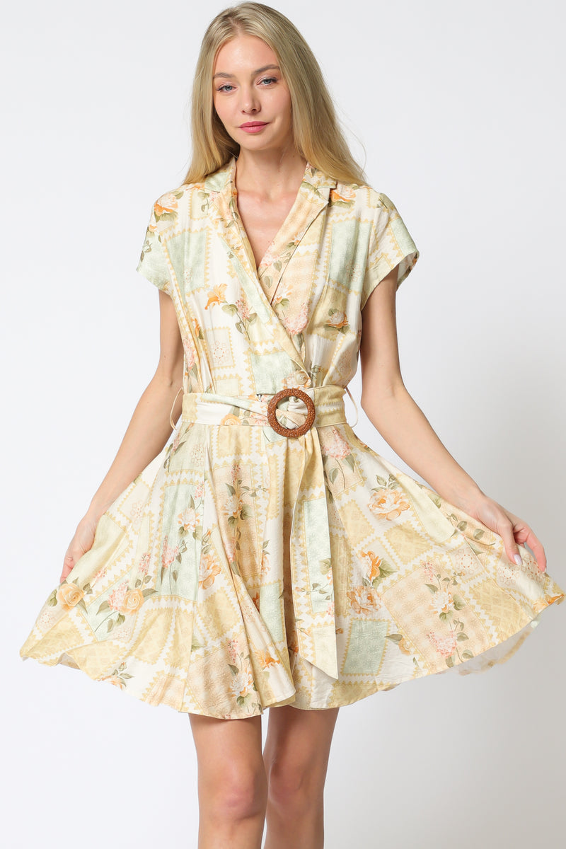 Short Sleeve Light Yellow Belted Shortie Dress