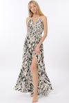 Ivory Beige w/Black Halter Tie Back Maxi Dress