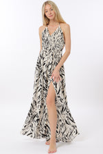 Ivory Beige w/Black Halter Tie Back Maxi Dress