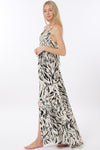 Ivory Beige w/Black Halter Tie Back Maxi Dress