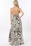 Ivory Beige w/Black Halter Tie Back Maxi Dress