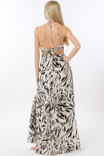 Ivory Beige w/Black Halter Tie Back Maxi Dress