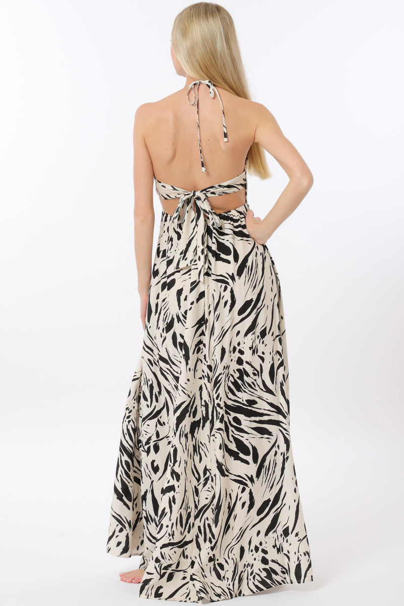 Ivory Beige w/Black Halter Tie Back Maxi Dress