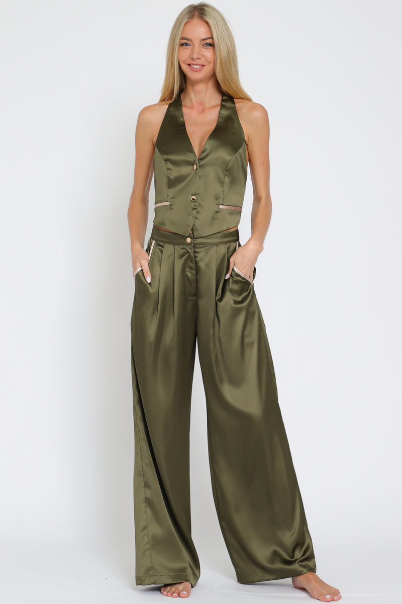 Olive and Ivory Halter Vest and Wide Leg Pants SET-SIZES MUST MATCH