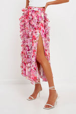 Pink Multi Floral Ruffle Maxi Skirt