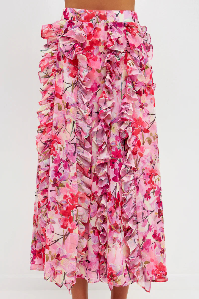 Pink Multi Floral Ruffle Maxi Skirt