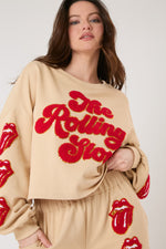Rolling Stones Beige Embroidered Crop Sweatshirt-LICENSED AND TRADEMARKED