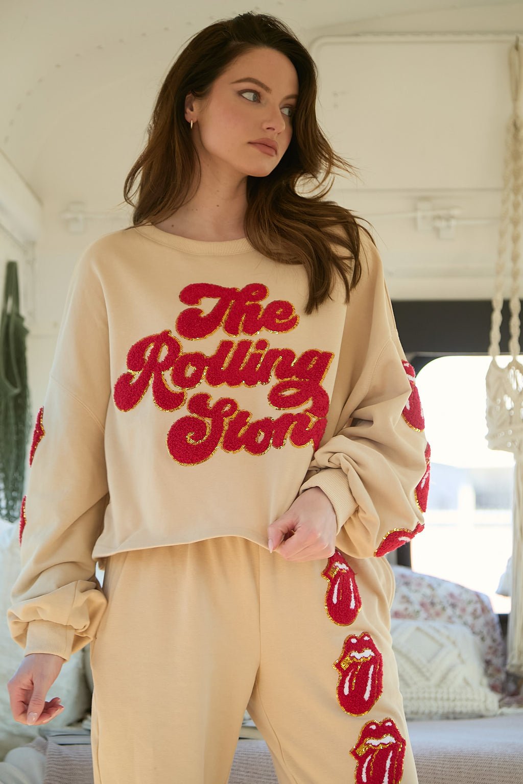 Rolling Stones Beige Embroidered Crop Sweatshirt-LICENSED AND TRADEMARKED