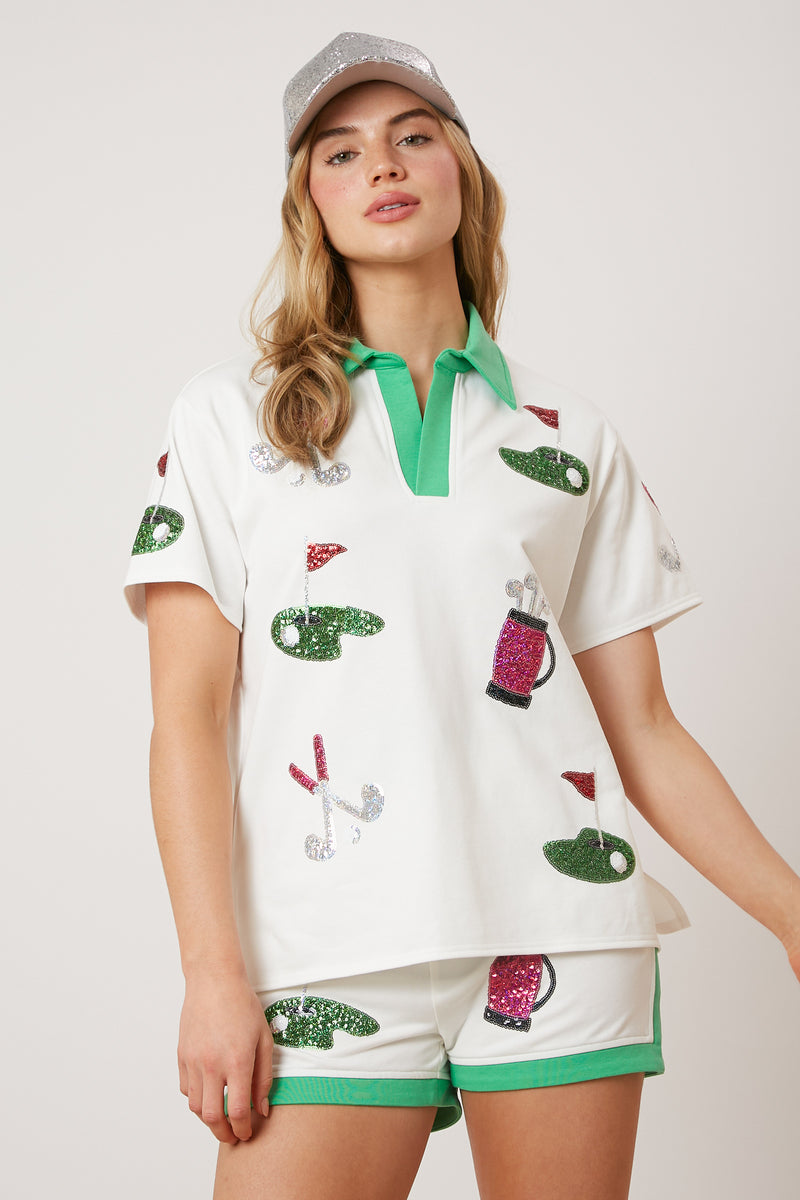 Golf Embroidered Collar Short Sleeve Top