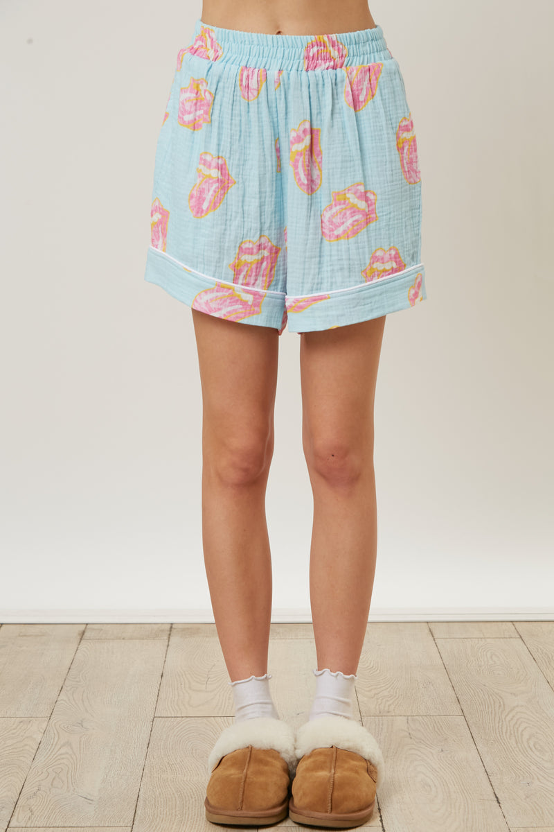 Light Blue Cotton Gauze Rolling Stones PJ Shorts