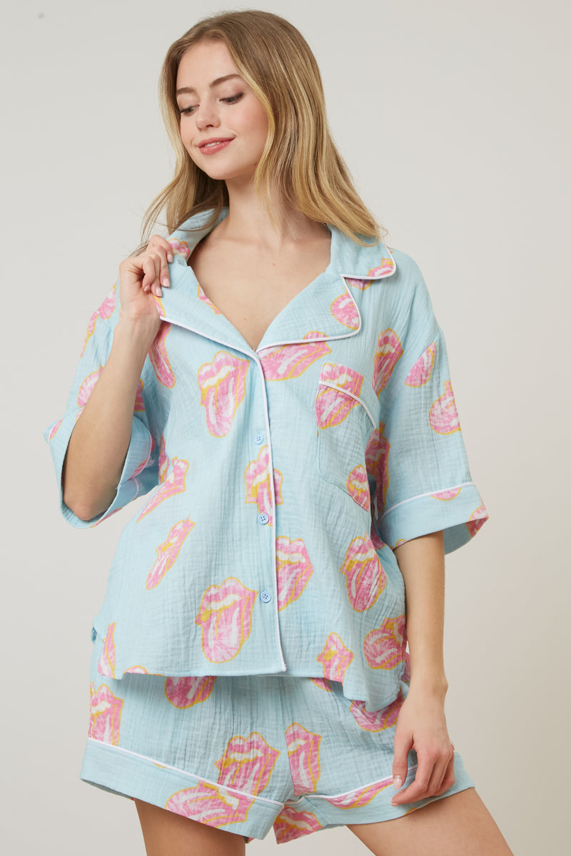 Light Blue Rolling Stones Pajama Top