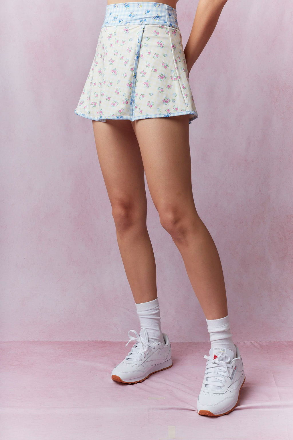 Gingham Floral Print Patchwork Lap Sporty Mini Skirt