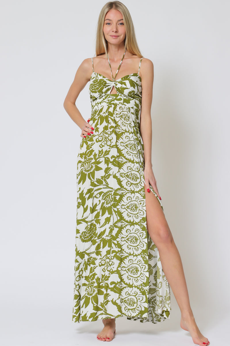 White w/Green Midi Dress