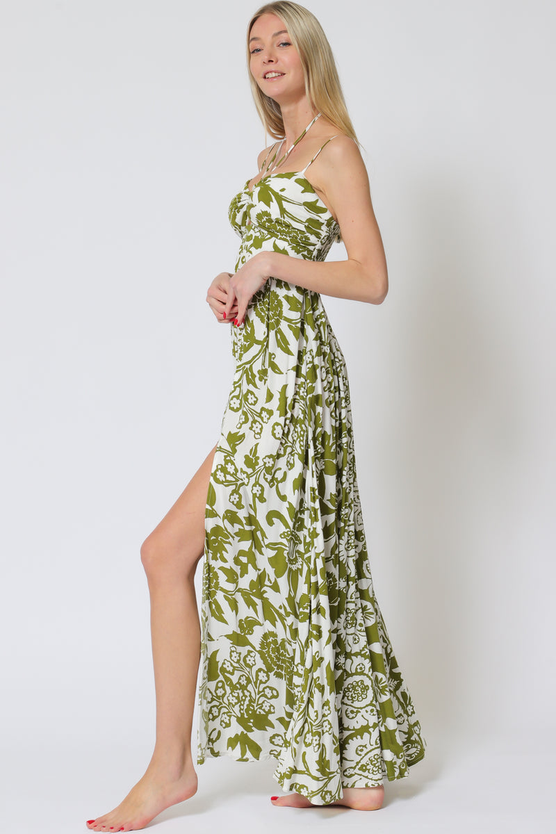 White w/Green Midi Dress