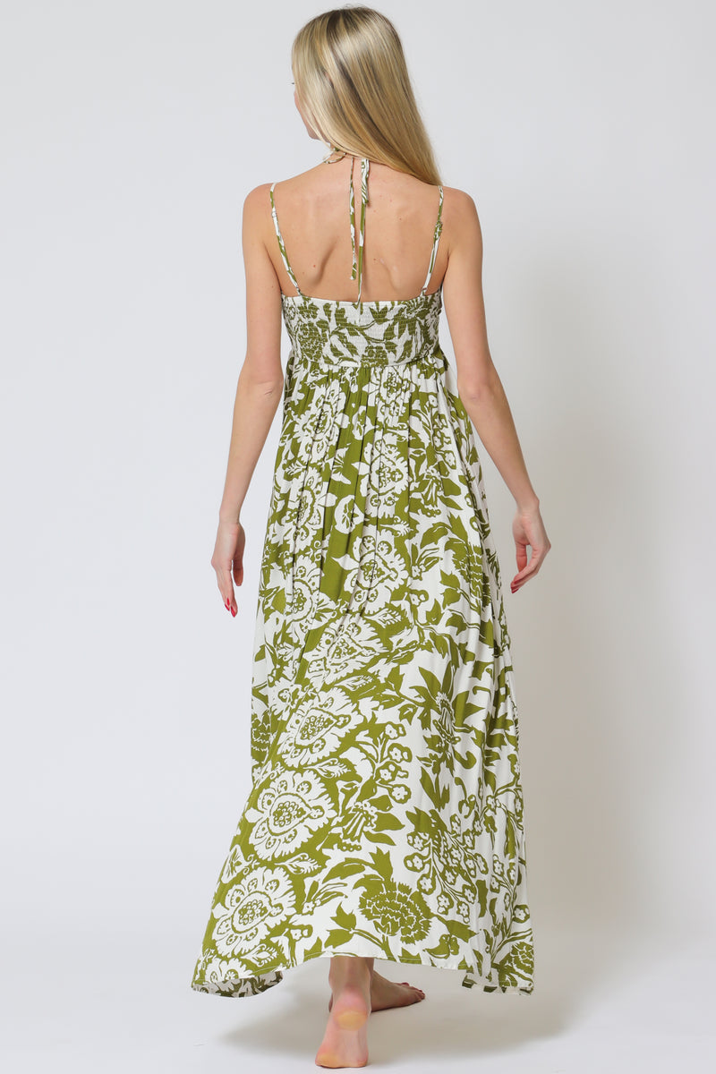 White w/Green Midi Dress