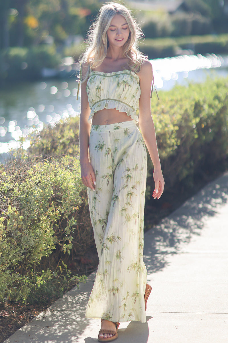 Tie Shoulder Crop Top and Wide Legs Pant Set