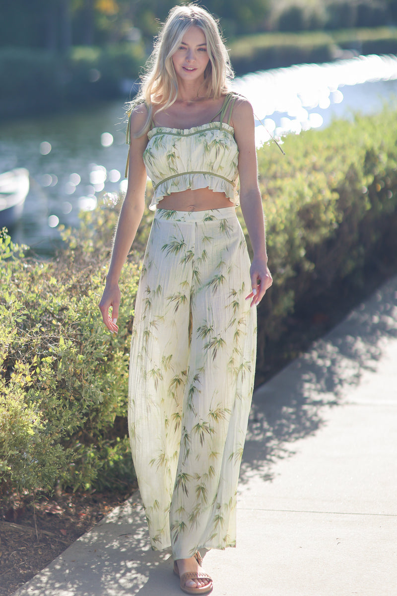 Tie Shoulder Crop Top and Wide Legs Pant Set