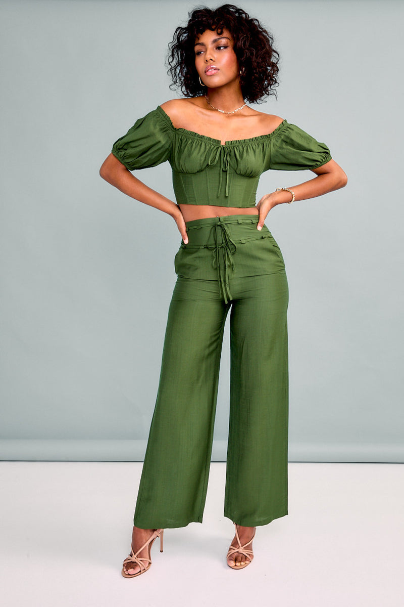 Green Waist Tie Wide Leg Pants