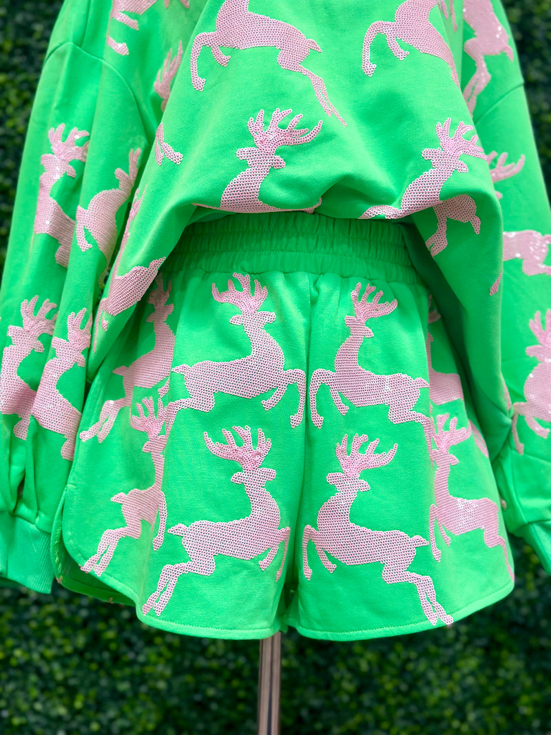 Green and White Sequin Reindeer Shorts