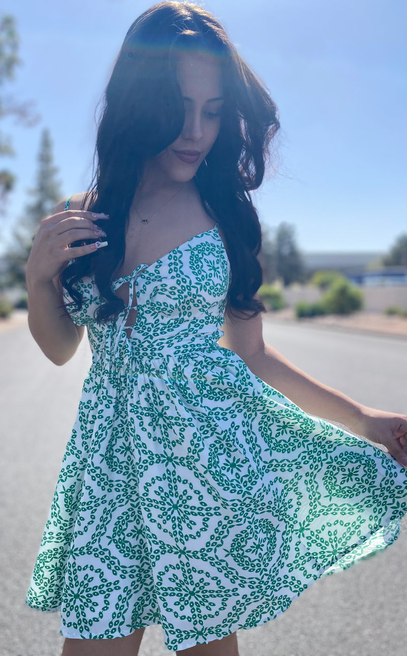 White and Green Tie Front Top Mini Dress