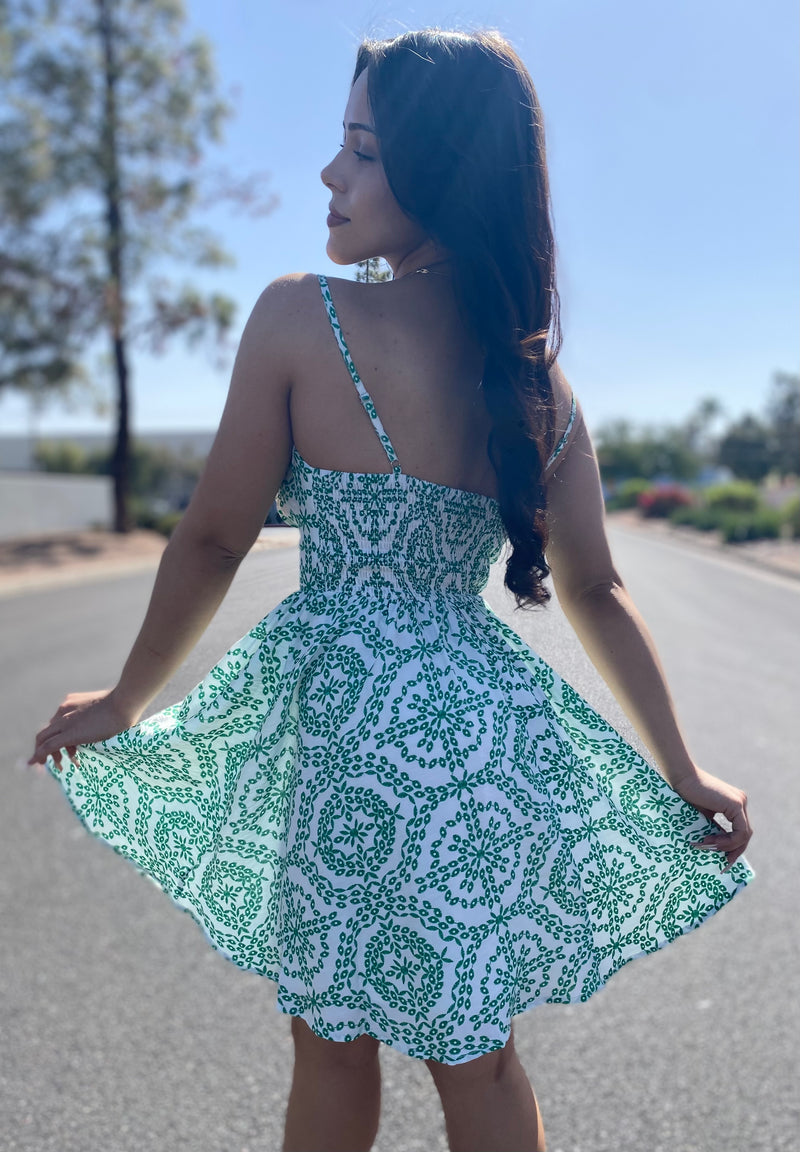 White and Green Tie Front Top Mini Dress