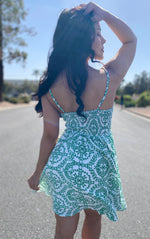 White and Green Tie Front Top Mini Dress