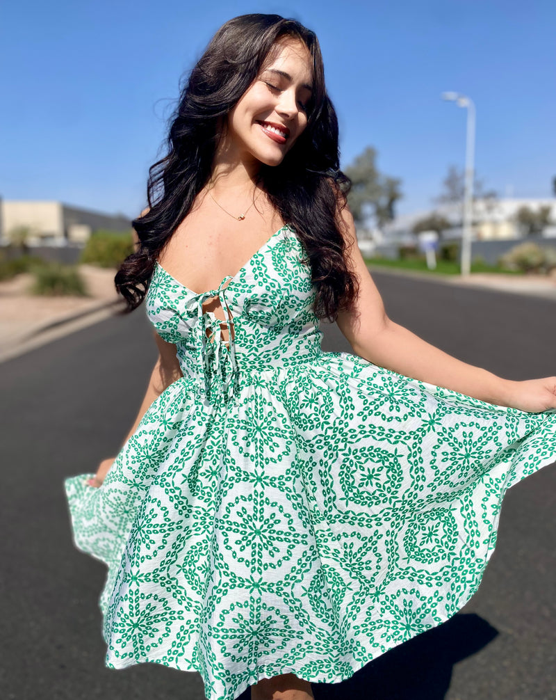 White and Green Tie Front Top Mini Dress