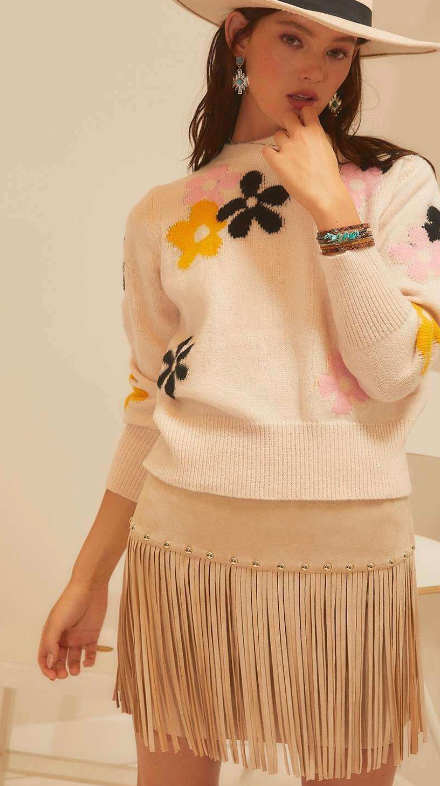 Flower Print Cream Sweater