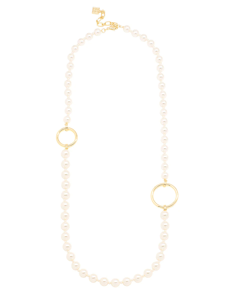Long Pearl Necklace with Gold Circular Charms