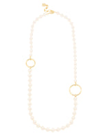Long Pearl Necklace with Gold Circular Charms