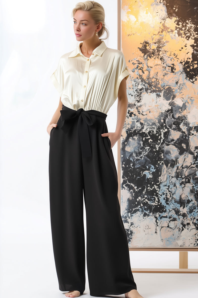 Ivory and Black Short Sleeve Jumpsuit