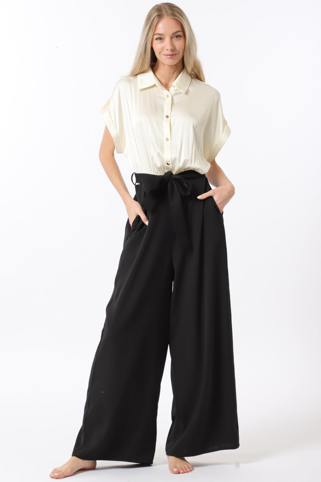 Ivory and Black Short Sleeve Jumpsuit