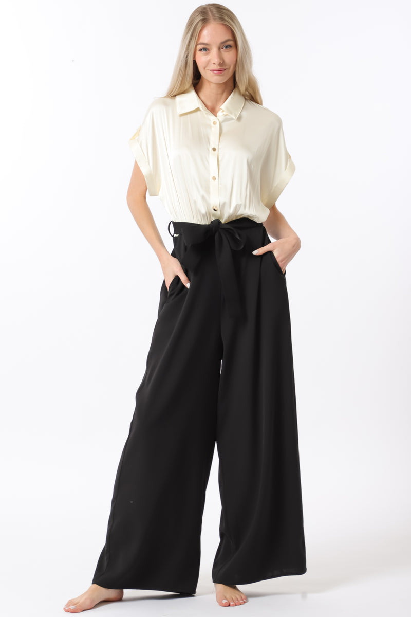Ivory and Black Short Sleeve Jumpsuit