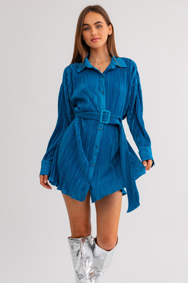 Teal Blue Pleated Shirt Dress