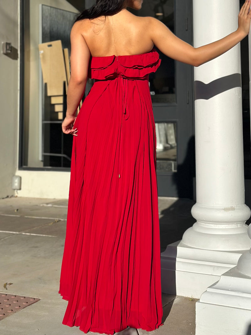Red Ruffle Pleated Maxi Dress