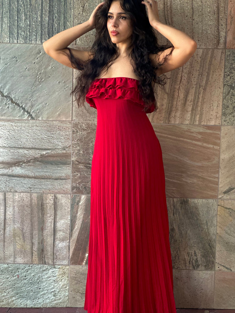 Red Ruffle Pleated Maxi Dress
