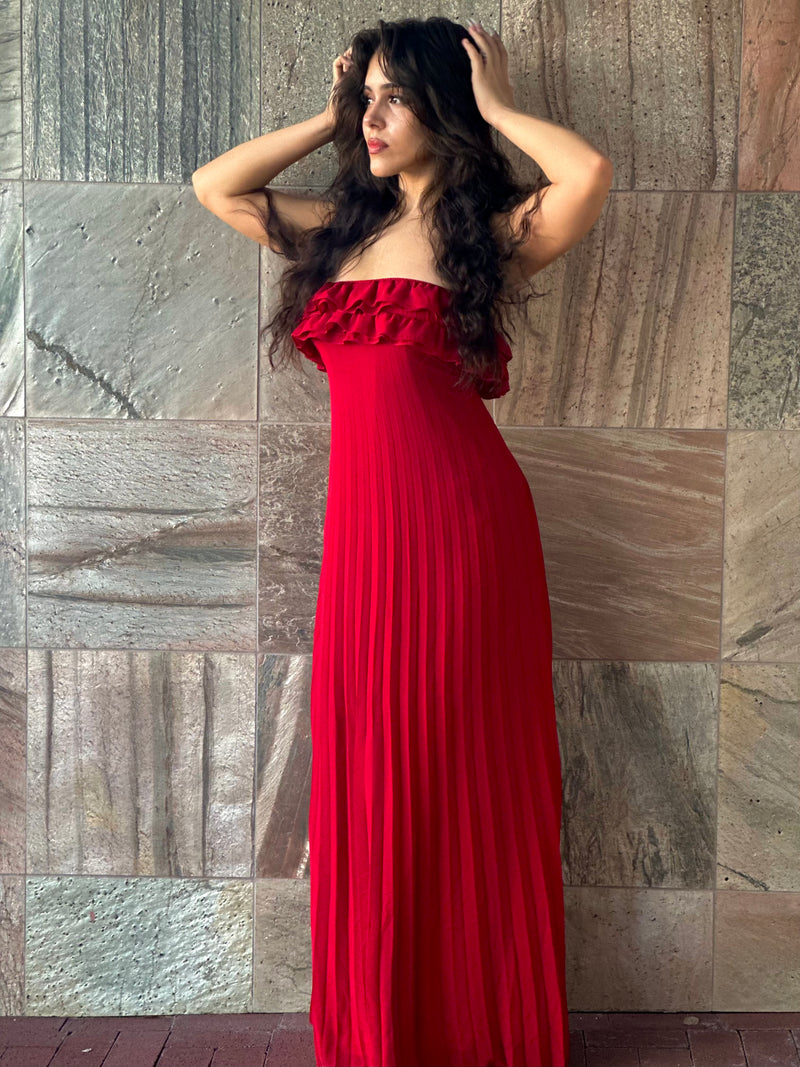 Red Ruffle Pleated Maxi Dress