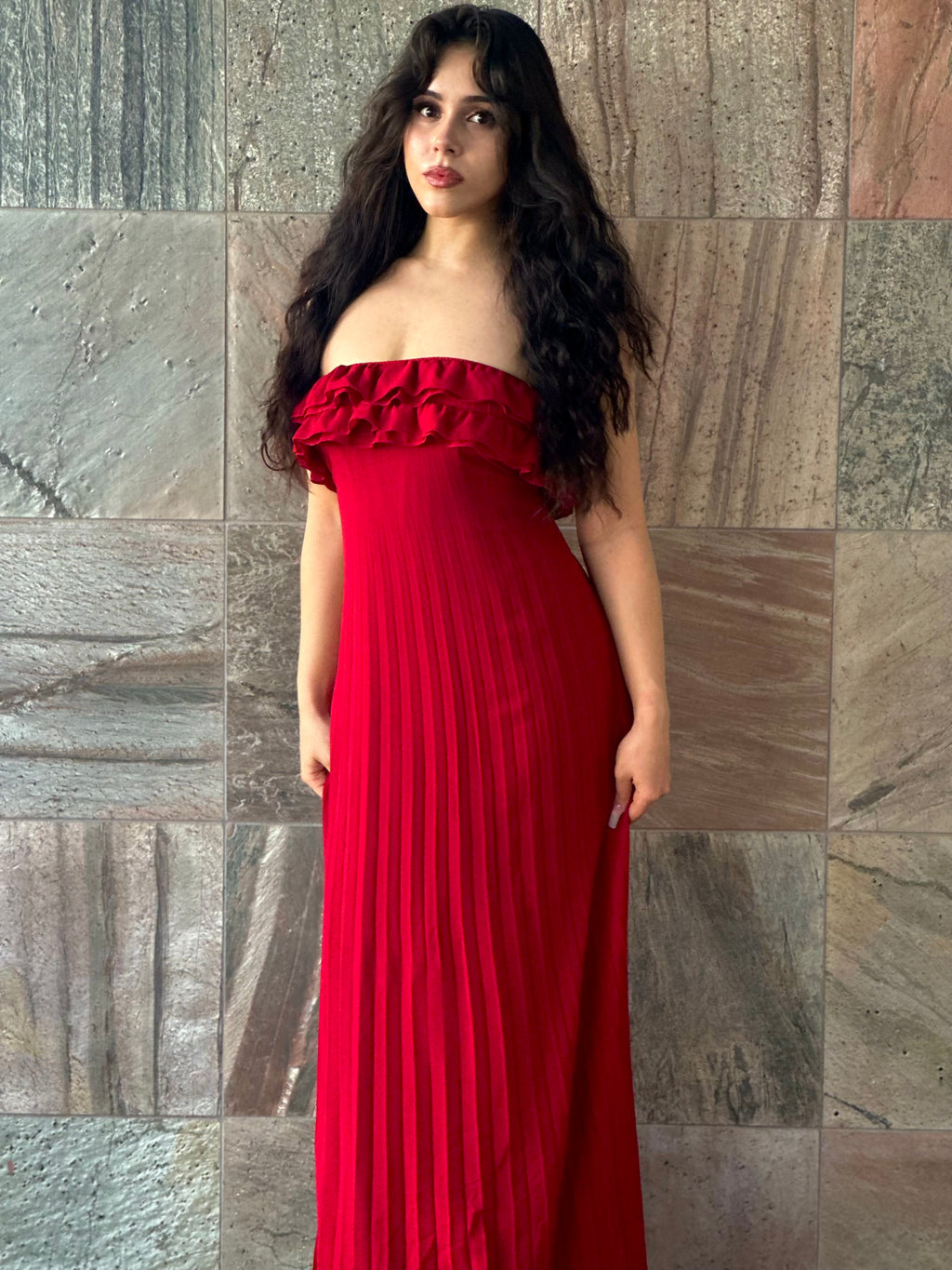 Red Ruffle Pleated Maxi Dress
