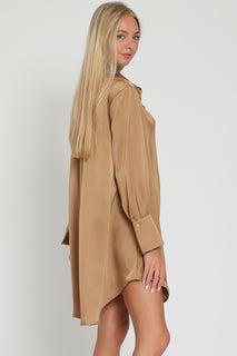 Mocha Button Down Satin Dress