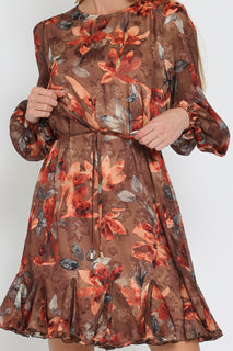 Fall Brown Floral Shortie Dress