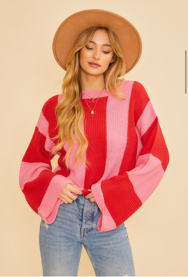 Red and Pink Bell Sleeve Sweater