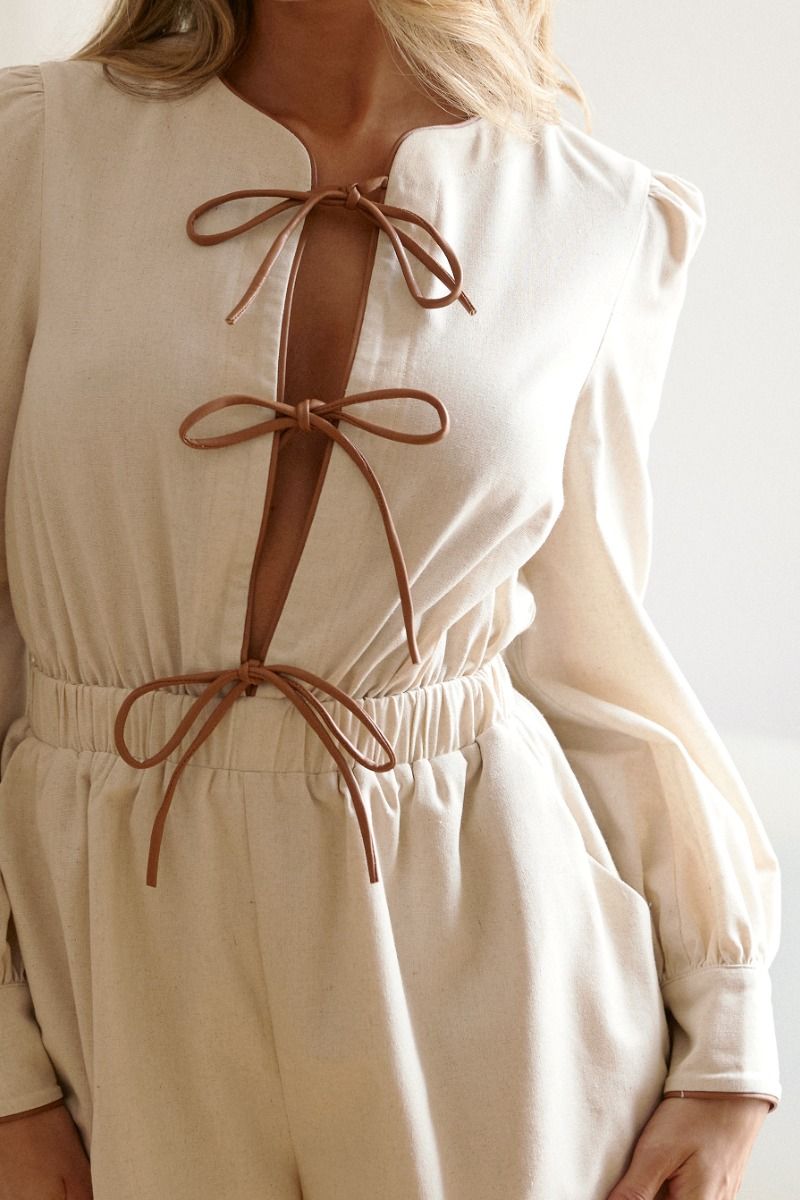 Linen Bow Long Sleeve Romper